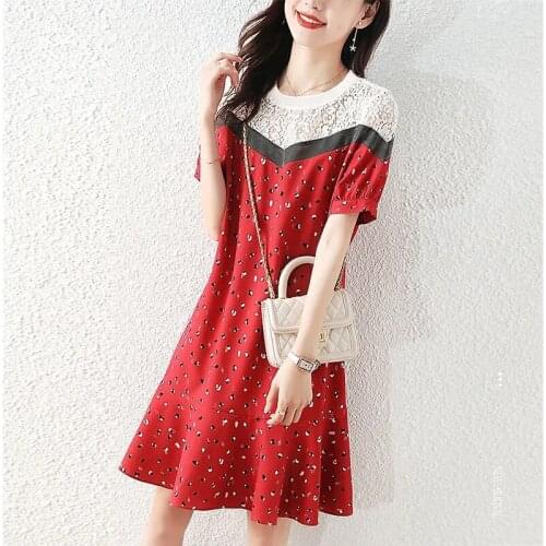 Spring chiffon dress 2021 new female summer floral spring red straight dress women clothing Ruffles Regular O-Neck
