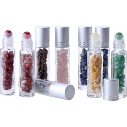 10Pcs 10ml Natural Gemstone Essential Oil Roller Ball Bottles Refillable Perfumes Oil Liquids Roll On Bottles with Crystal Chip