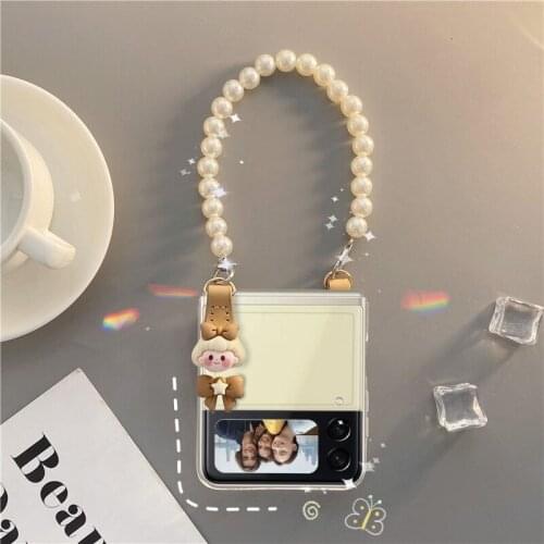 For Samsung Galaxy ZFlip3 Case Transparent Folding Cover with 3D Doll Pearl Bracelet for Galaxy Z Flip3 Phone Case Camera Cover