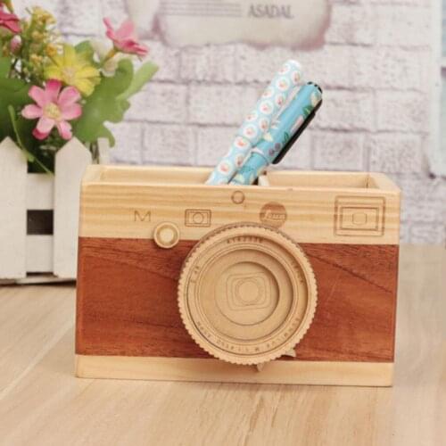 Retro Camera Double-layer Pen Holders Creative Desk Organizer Wooden Pen Pencil Case Holder Stand Learning Stationery Storage