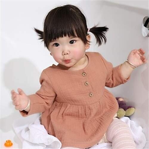 Fashion Baby Girls Solid Dress Cotton Kids Long Sleeve Dress Spring Autumn Clothing Outfits 0-3Yrs