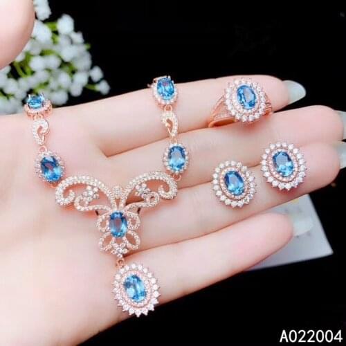 KJJEAXCMY Fine Jewelry 925 sterling silver inlaid natural blue topaz female ring pendant earring set noble supports test