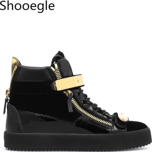 Black Patchwork Men Casual Shoes Lace Up Gold Metal Sneaker Side Zipper Flat Thick Bottom Creepers Zapatillas Hombre Shoes