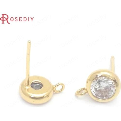 37665)6PCS 7MM 24K Gold Color Brass and Zircon Round Stud Earrings Pins Jewelry Making Supplies Diy Findings Accessories