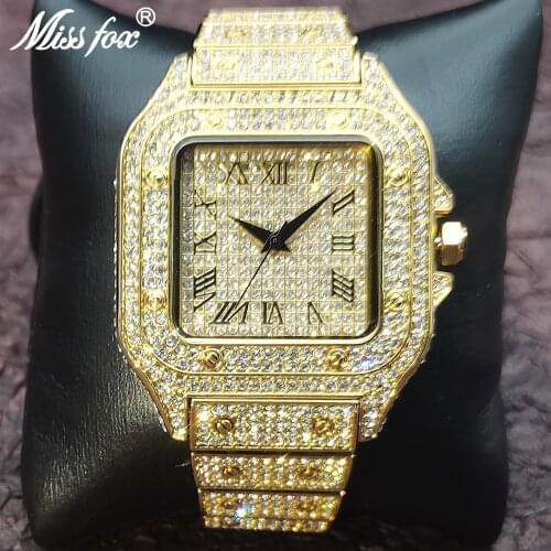 MISSFOX Iced Out Square Men Watch Top Luxury Brand 18K Gold Quartz Wristwatch Full Diamond Waterproof AAA Relogio Masculino 2021