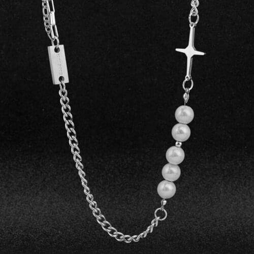 Fashion Stainless Steel Reflective Pearl Cross Necklace Womens Clavicle Chain Womens Dinner Ball Jewelry Accessories
