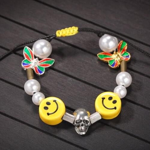 GUCY Hip hop Fashion Smiling Face Bracelet With Pearl Butterfly Skeleton Simple Bracelet Adjustable