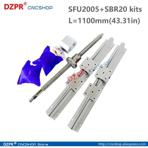 CNC Parts Set SFU2005 1100mm 43.31in + SBR20 1100mm Rail SBR20UU block BK15/BF15 End Support+RM2005 Nut housing 12mm*8mm coupler