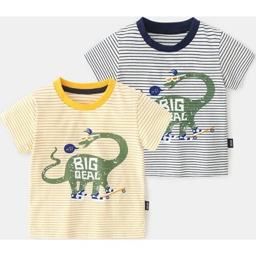 2020 New Cotton stripes Short-sleeved t-shirts boy girl t shirt kids cartoon Dinosaur print tshirts jchao kids clothes 90-130cm