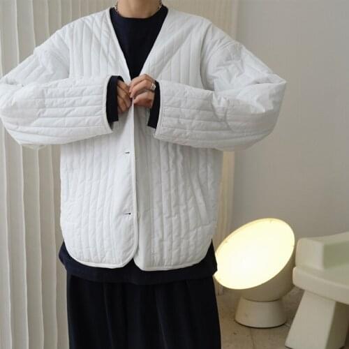 Autumn and winter womens casual solid color V-neck long-sleeved loose cotton coat