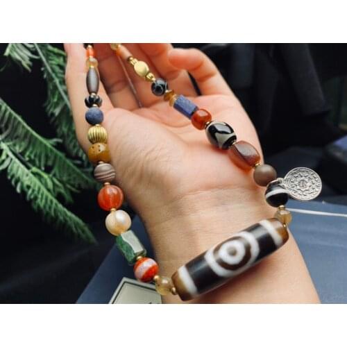 Dzi Beads Backing Lapis Lazuli Jade Necklace Sweater Chain Old Objects Accept Wholesale Mans Womans Jewelry Tibetan Style