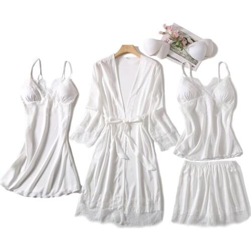 Satin Lace Pajamas Set Womens 5PCS Sleep Suit Strap Top Long Pants Pyjama Sleepwear Spring New Nightgown Sexy Home Robe