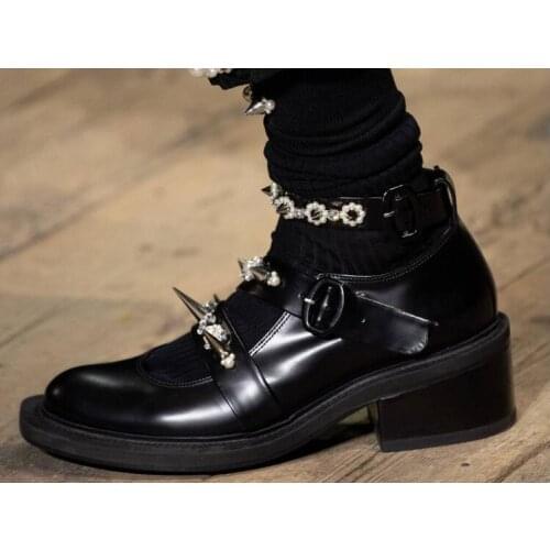 Hot Woman Black Sliver White Genuine Leather Pearls Rivets Ankle Boots Round Toe 5 cm Square Heels Spikes Mary Jane Shoes