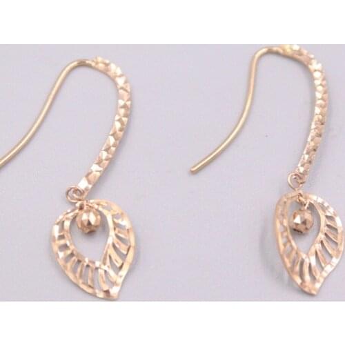 New Pure Solid 18K Rose Gold Earrings 35x8mm Leaf Ear shiny Hook