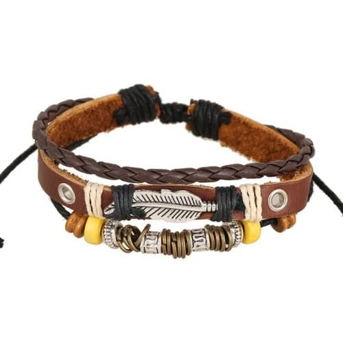 Retro Vintage Feather Beads Bracelet Multi-layer Handmade Weave Leather Charm Casual Bangle Wrap Wristbands Fashion Punk Jewelry
