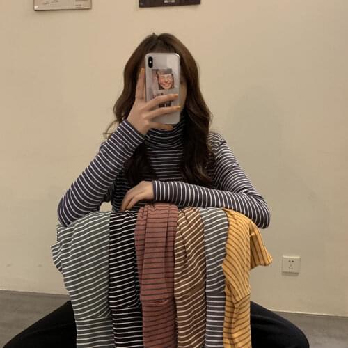 Womens Winter Turtleneck Striped Fleece-Lined Thickened Long-Sleeved Top Woman TShirts Crop Top Mujer Camisetas