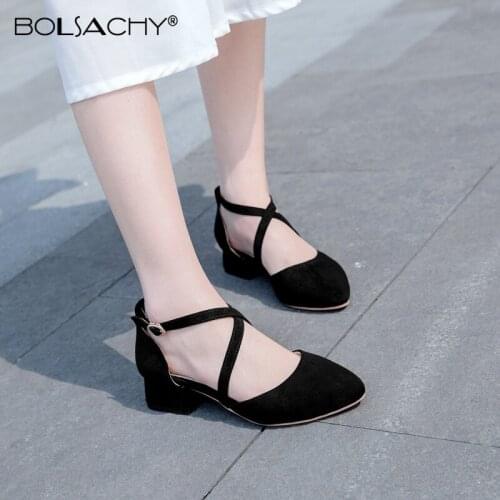 2021 Sandalias Femeninas High heels Flock Cross Ankle Strap Pointed sandals Low heels Female Summer Shoes Ladies Black Pink Beig
