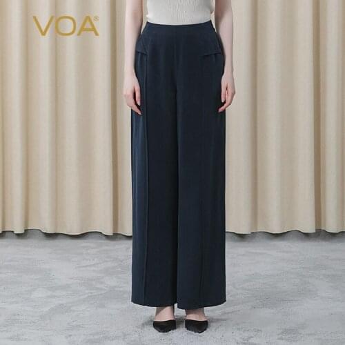 VOA 30m/m Silk Trousers Women Navy Natural Waist Rear Tendon Elastic Pocket Loose and Refreshing Wide-leg Pants KE385