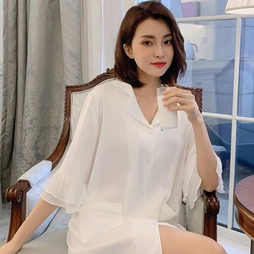 Women Turn-down Collar Casual Sleepshirts White Satin 3/4 Sleeve Nightgown With Pocket Home Dress Spring Summer New Sleepwear