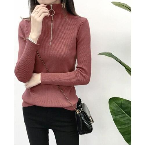 Autumn Ladies Sweaters Half High Neck Stretch Knit Wear Long Sleeve Women Zipper To W2