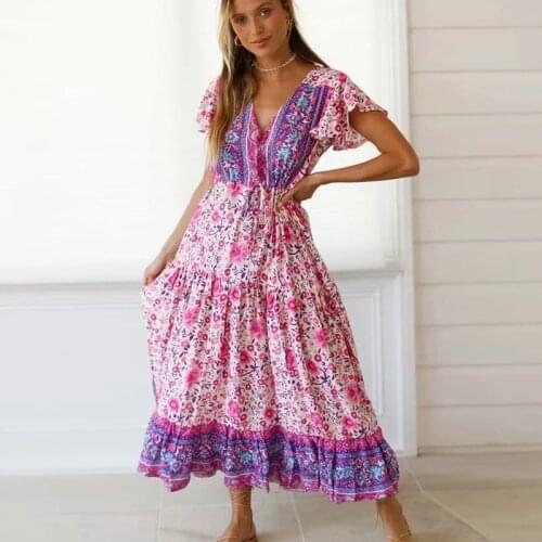 Super Chic pink floral spliced long women dress ruffle flare sleeve buttons summer dress new 2021 long boho beach dress female