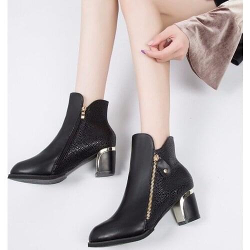 Winter Short Tube High-heeled Fashion Round Head Casual Plus Cotton Warm Thick Heel Zipper Non-slip Winter Ankle Boots W22-55