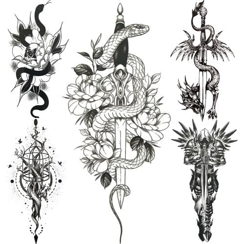 Snake Lily Flower Temporary Tattoo For Men Women Black Dragon King Fake Tattoos Sticker Warrior Arrow Tatoo Body Arm Paint Sword