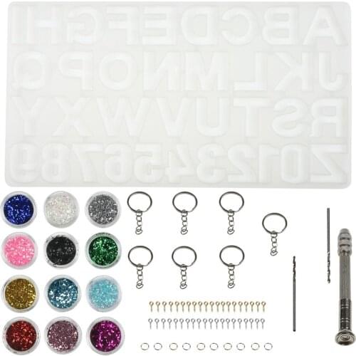 73Pcs Keychain Jewelry Pendant Making Tools Set Number Alphabet Silicone Mold Twist Drill Key Jump Rings Screw Eye Pins Glitter