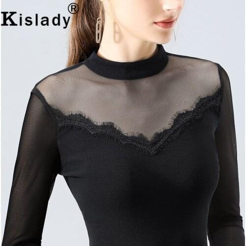 2020 Spring Fall Womens Sexy Turtleneck Long Sleeve Gothic Shirt Lace Patchwork Harajuku OL Plus Size Blouse Korean Clothing