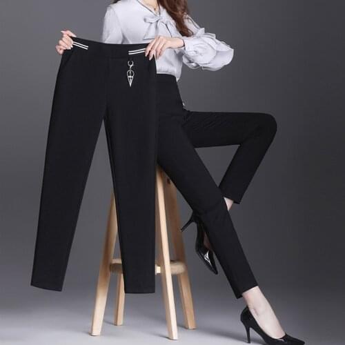 2021 Office Ladies Style Solid Long Pants Slim Pencil Pants for Female High Waist Elastic Woman Ankle Length Trousers