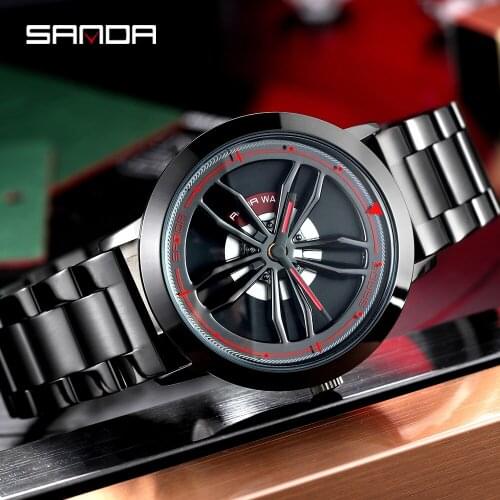 Men Quartz Watch Stainless Steel Waterproof Sport Wristwatch Male Custom not Printing Wheel Rim Hub Rotating Dial Watch Relogio