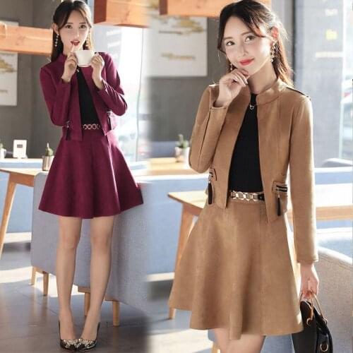 Set womens fashion skirt Slim jacket skirt long sleeve two-piece womens elegant suede womens dress autumn new