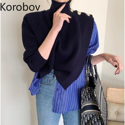 Korobov Korean Long Sleeve Turtleneck Sweaters Pullovers Vintage Office Lady Elegant Sueter Mujer Hit Color Patchwork Sweater