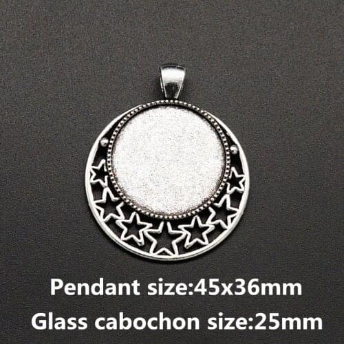 Round Silver color Hollow Stars Pendant Settings Cabochon Base Blank Fit 25mm Round Glass Cabochons DIY Necklace Making findings