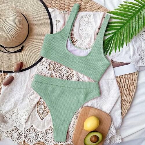 Ribbed Swimsuit High Waist Bikini Push Up Bikini Set Sexy Summer Knit Swimwear Women 2021 Bathing Suit White Swim Suit for Woman