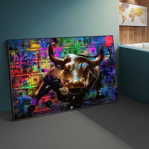 Watercolour Charging Bull On Money Wall Art Canvas Print Graffiti Poster Painting Decoration For Living Room Mural Cuadros