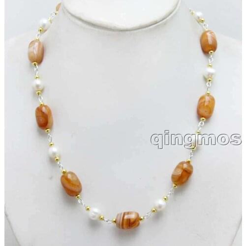 Natural Big 12*16mm Barrel Shape Red Striped Bostwana stone and 9-10mm White Pearl 21'' Necklace-nec6448 Free shipping