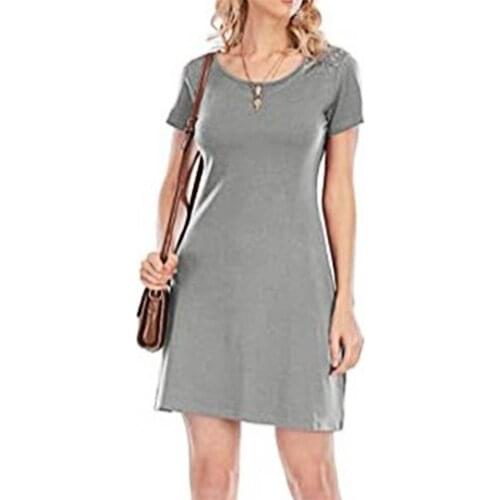2021 Charming Round Neck Dress Solid Color Stretchy Summer Back Hollow Short Sleeve Mini Dress Easy-matching for Daily Wearing