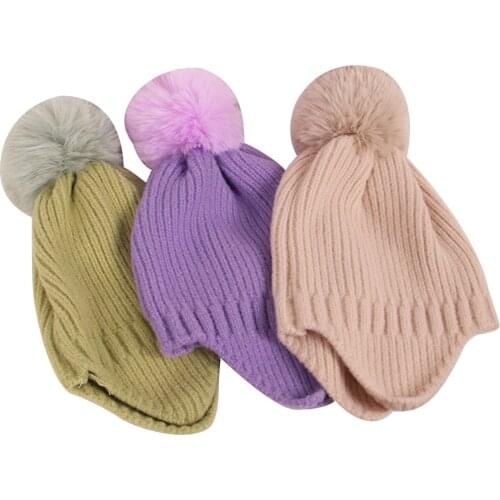 Autumn Winter Warm Infant Kids Woolen Knitted Hat Unisex Baby Girls Boys Solid Color Caps Earmuffs Cute Pompom Hat Beanies