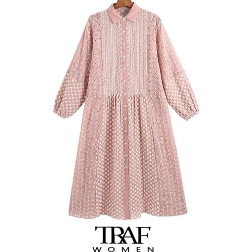 TRAF Za Women Chic Fashion Hollow Out Embroidery Midi Shirt Dress Vintage Lantern Sleeve Button-up Female Dresses Vestidos