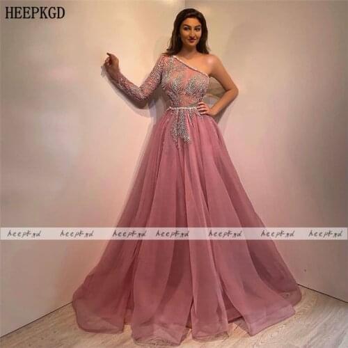 Chic Beading Leaf Dusty Rose Evening Dress One Shoulder A Line Sexy Saudi Arabic Prom Gowns Plus Size Formal Party Dresses