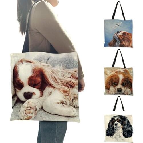 Kawaii Puppies Charles Spaniel Dog Oil Painting Print Women Handbag Casual Shoulder Bags For School Work Reusable Shopping Tote