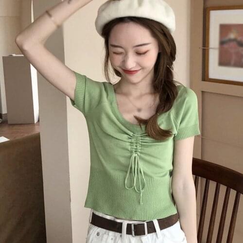 Knitted Women V-neck Tshirt Korean Style Short Sleeve Bottoming T-shirt Sexy Solid Color Tee Top