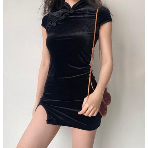 TVVOVVIN Womens Fashionable New Retro Chinese Style Improved Velvet Cheongsam Disc Buttoned Republican Solid Dress NC6F