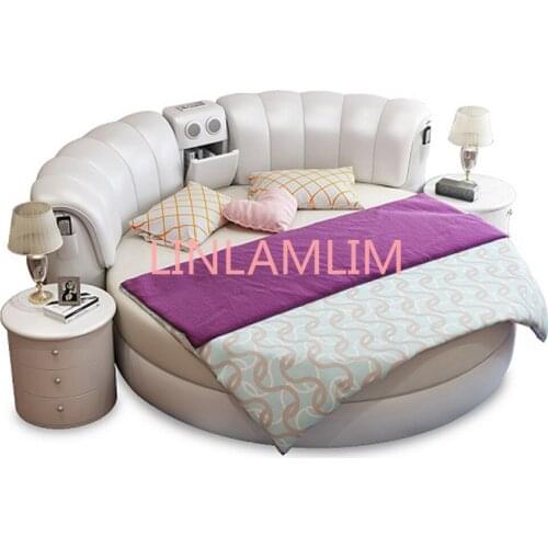 Smart bed frame camas bedroom set furniture кровать двуспальная lit beds round massage genuine leather bed + 2 night stands