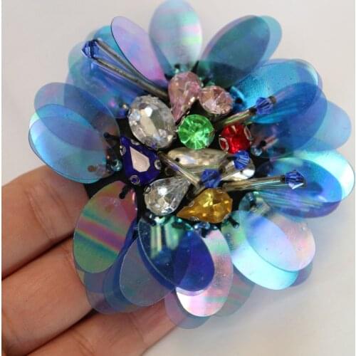Clearance Blue flower Rhinestone beaded patches for Clothing Sew on Sequin Appliques embroidery decorative parches for clothes