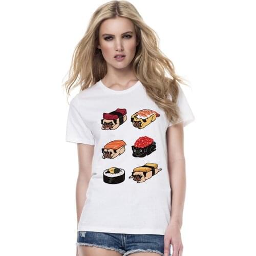 Creative Sushi Pug Women T Shirts Cute Food Printed Lady Tops Summer Short Sleeve O-Neck Animal Foods T-shirt Cool Tee