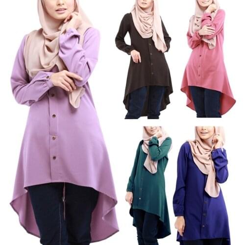 Women Muslim Long Sleeve Blouse Dress Buttons Asymmetric Solid Color Shirt Oversized Loose Islamic Tunic Tops Arab Abaya