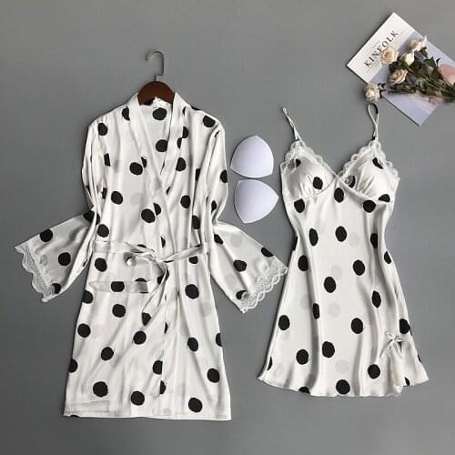 Womens Pajamas Ice Silk Dress Robe Two-Piece Set Spring Autumn Dot Suspender Skirt With Chest Pad Long-Sleeved Thin Lace Robe