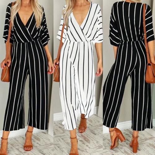 OL Ladies Half Sleeve Striped Loose Baggy Trousers Jumpsuit Overalls Wide Leg Trousers Romper Jumpsuit